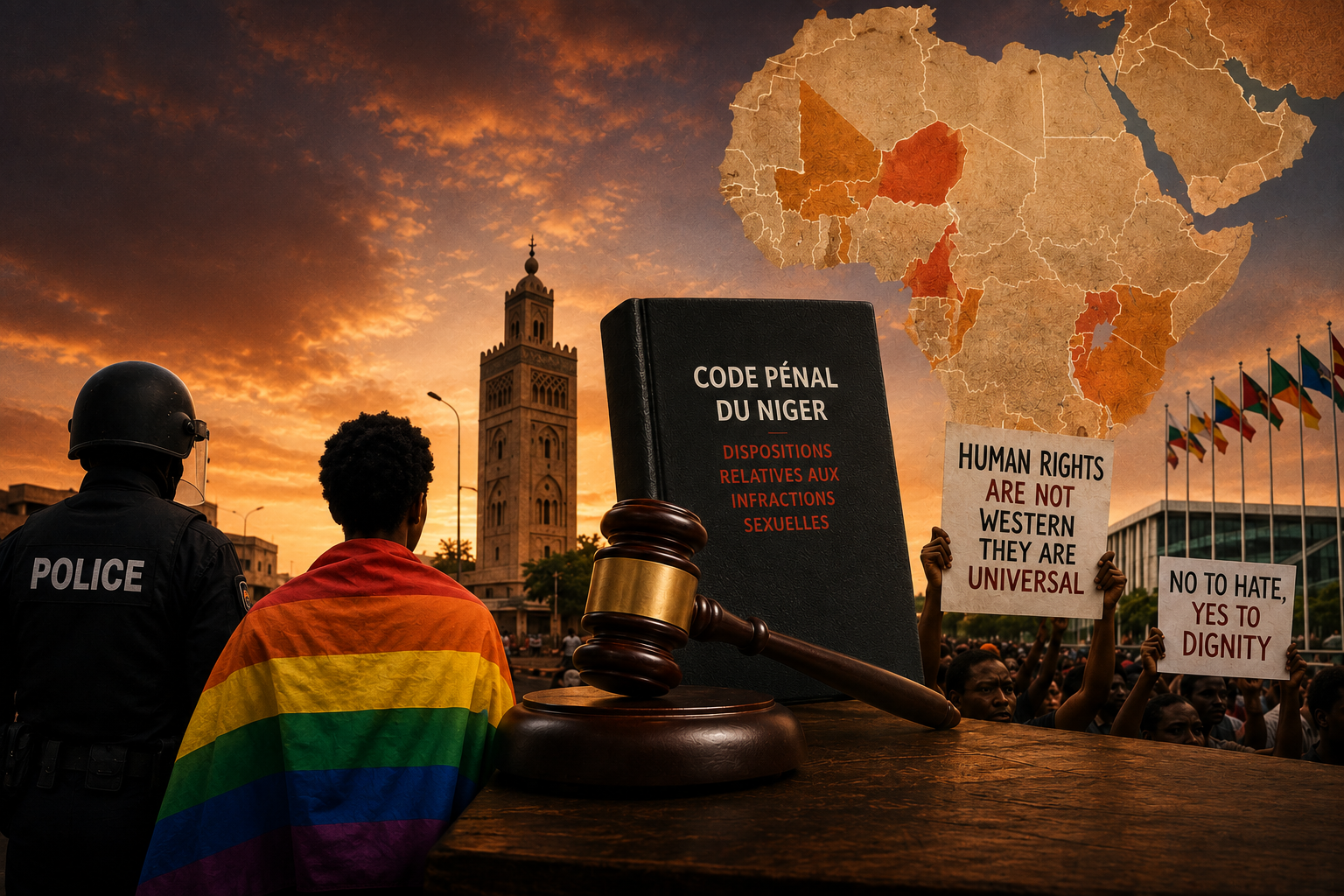 A symbolic illustration of an LGBTQ person draped in a rainbow flag standing before a crowd, a judge's gavel and a map of Africa, representing the impact of Niger's new anti-LGBTQ law and wider LGBTQ rights developments across Africa.